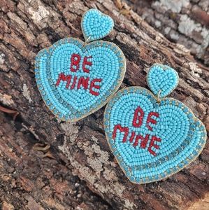 "Be Mine" Turquoise Seed Bead Heart Earrings